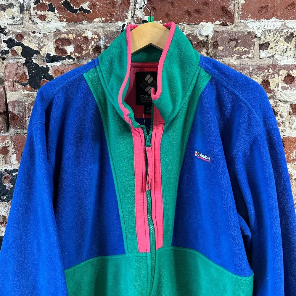 Columbia Back Bowl Full Zip Fleece Blue Green Retro Mens XL